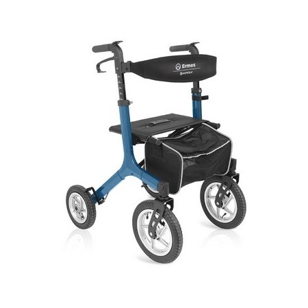 ERMES folding rollator (light blue) in aluminium with 4 pneumatic wheels